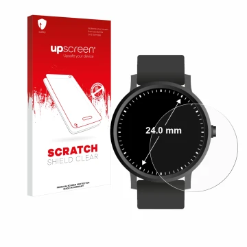 Parte frontal de un envase de producto con el logotipo de la marca upscreen. Al lado se muestra el dispositivo Relojes (Circul