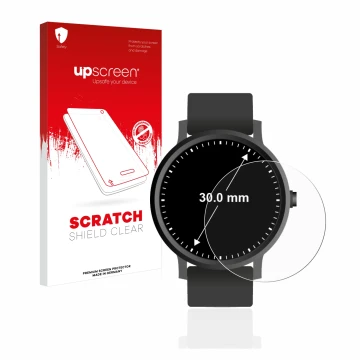 Parte frontal de un envase de producto con el logotipo de la marca upscreen. Al lado se muestra el dispositivo Relojes (Circul