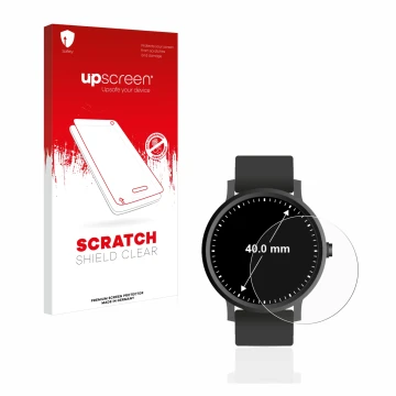 Parte frontal de un envase de producto con el logotipo de la marca upscreen. Al lado se muestra el dispositivo Relojes (Circul