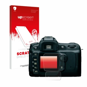 Parte frontal de un envase de producto con el logotipo de la marca upscreen. Al lado se muestra el dispositivo Nikon D50 con s