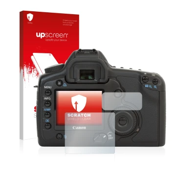 Parte frontal de un envase de producto con el logotipo de la marca upscreen. Al lado se muestra el dispositivo Canon EOS 5D co