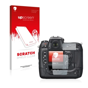 Parte frontal de un envase de producto con el logotipo de la marca upscreen. Al lado se muestra el dispositivo Nikon D2X con s