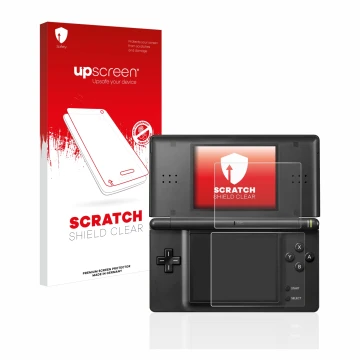 Parte frontal de un envase de producto con el logotipo de la marca upscreen. Al lado se muestra el dispositivo Nintendo DS LIT