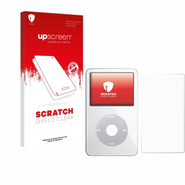 Parte frontal de un envase de producto con el logotipo de la marca upscreen. Al lado se muestra el dispositivo Apple iPod Clas