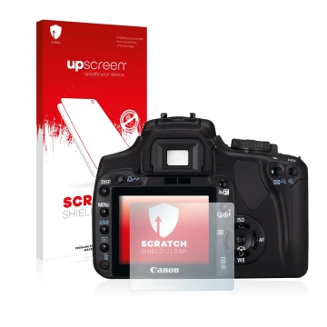 Parte frontal de un envase de producto con el logotipo de la marca upscreen. Al lado se muestra el dispositivo Canon EOS 400D 
