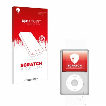 Parte frontal de un envase de producto con el logotipo de la marca upscreen. Al lado se muestra el dispositivo Apple iPod Clas