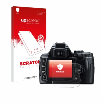Parte frontal de un envase de producto con el logotipo de la marca upscreen. Al lado se muestra el dispositivo Nikon D40 con s