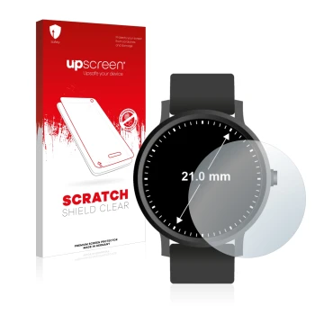 Parte frontal de un envase de producto con el logotipo de la marca upscreen. Al lado se muestra el dispositivo Relojes (Circul