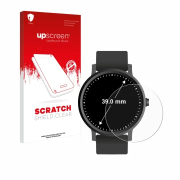 Parte frontal de un envase de producto con el logotipo de la marca upscreen. Al lado se muestra el dispositivo Relojes (Circul