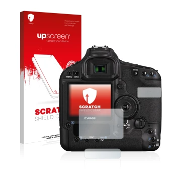 Parte frontal de un envase de producto con el logotipo de la marca upscreen. Al lado se muestra el dispositivo Canon EOS 1D Ma