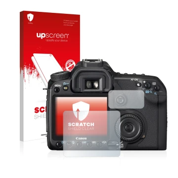 Parte frontal de un envase de producto con el logotipo de la marca upscreen. Al lado se muestra el dispositivo Canon EOS 40D c