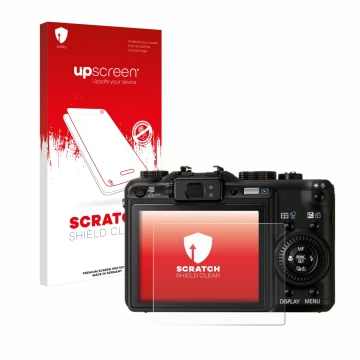 Parte frontal de un envase de producto con el logotipo de la marca upscreen. Al lado se muestra el dispositivo Canon PowerShot