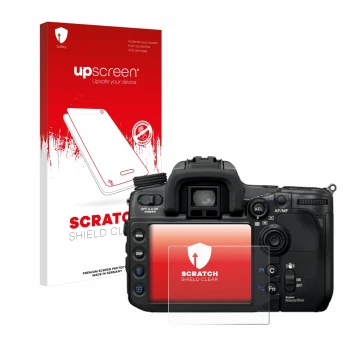Parte frontal de un envase de producto con el logotipo de la marca upscreen. Al lado se muestra el dispositivo Sony Alpha 700 