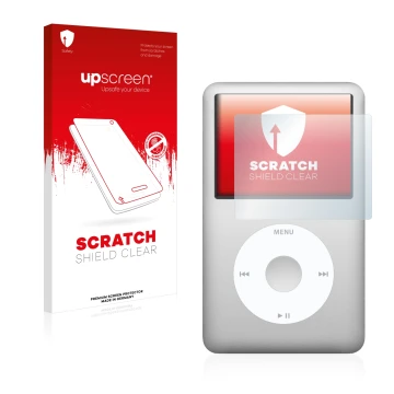 Parte frontal de un envase de producto con el logotipo de la marca upscreen. Al lado se muestra el dispositivo Apple iPod Clas