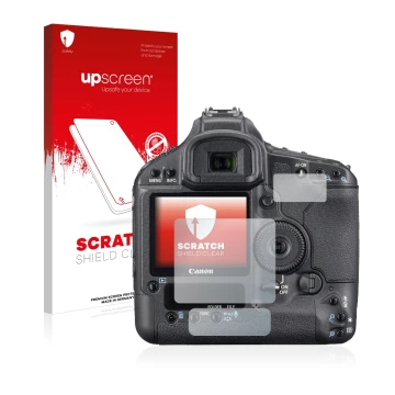 Parte frontal de un envase de producto con el logotipo de la marca upscreen. Al lado se muestra el dispositivo Canon EOS 1Ds M