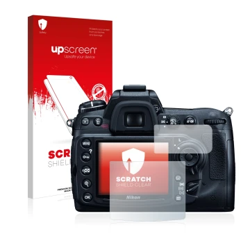 Parte frontal de un envase de producto con el logotipo de la marca upscreen. Al lado se muestra el dispositivo Nikon D300 con 