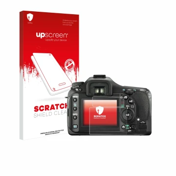 Parte frontal de un envase de producto con el logotipo de la marca upscreen. Al lado se muestra el dispositivo Pentax K20D con