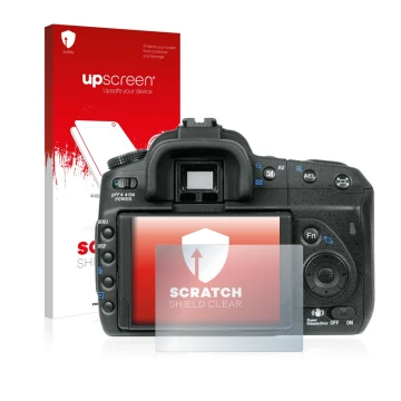 Parte frontal de un envase de producto con el logotipo de la marca upscreen. Al lado se muestra el dispositivo Sony Alpha 350 