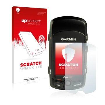 Parte frontal de un envase de producto con el logotipo de la marca upscreen. Al lado se muestra el dispositivo Garmin Edge 705