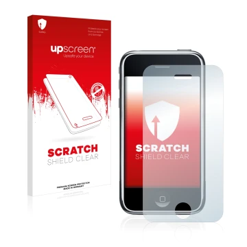 Parte frontal de un envase de producto con el logotipo de la marca upscreen. Al lado se muestra el dispositivo Apple iPhone 3G