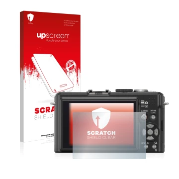 Parte frontal de un envase de producto con el logotipo de la marca upscreen. Al lado se muestra el dispositivo Panasonic Lumix