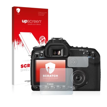 Parte frontal de un envase de producto con el logotipo de la marca upscreen. Al lado se muestra el dispositivo Canon EOS 50D c