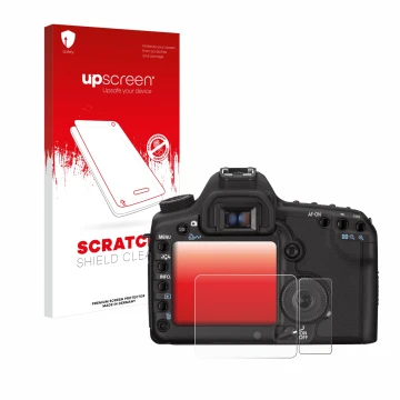 Parte frontal de un envase de producto con el logotipo de la marca upscreen. Al lado se muestra el dispositivo Canon EOS 5D Ma