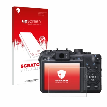 Parte frontal de un envase de producto con el logotipo de la marca upscreen. Al lado se muestra el dispositivo Canon PowerShot