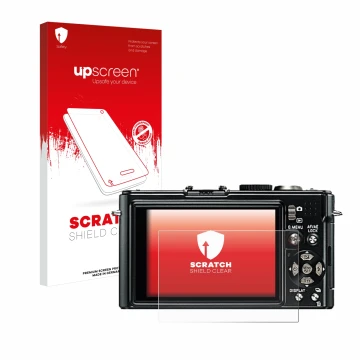 Parte frontal de un envase de producto con el logotipo de la marca upscreen. Al lado se muestra el dispositivo Leica D-Lux 4 c