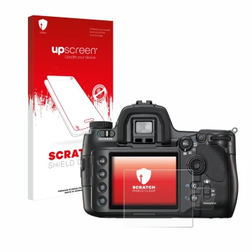 Parte frontal de un envase de producto con el logotipo de la marca upscreen. Al lado se muestra el dispositivo Sony Alpha 900 