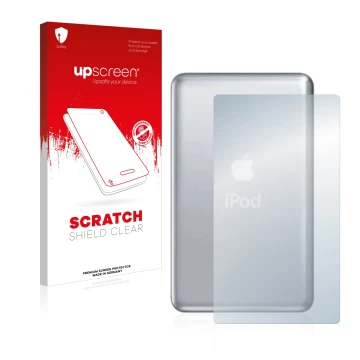 Parte frontal de un envase de producto con el logotipo de la marca upscreen. Al lado se muestra el dispositivo Apple iPod clas