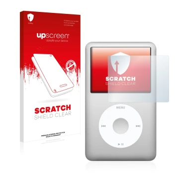 Parte frontal de un envase de producto con el logotipo de la marca upscreen. Al lado se muestra el dispositivo Apple iPod clas