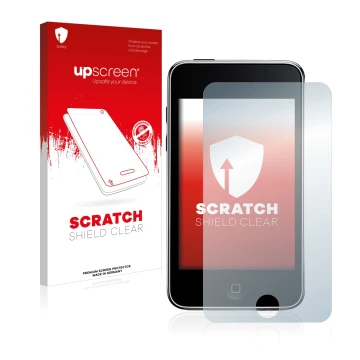 Parte frontal de un envase de producto con el logotipo de la marca upscreen. Al lado se muestra el dispositivo Apple iPod Touc