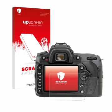 Parte frontal de un envase de producto con el logotipo de la marca upscreen. Al lado se muestra el dispositivo Nikon D90 con s