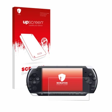 Parte frontal de un envase de producto con el logotipo de la marca upscreen. Al lado se muestra el dispositivo Sony PSP 3000 c