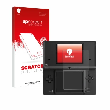 Parte frontal de un envase de producto con el logotipo de la marca upscreen. Al lado se muestra el dispositivo Nintendo DSi co