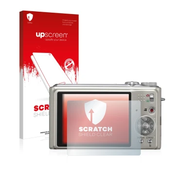 Parte frontal de un envase de producto con el logotipo de la marca upscreen. Al lado se muestra el dispositivo Panasonic Lumix