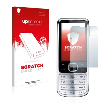 Parte frontal de un envase de producto con el logotipo de la marca upscreen. Al lado se muestra el dispositivo Nokia 6700 clas