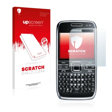 Parte frontal de un envase de producto con el logotipo de la marca upscreen. Al lado se muestra el dispositivo Nokia E72 con s