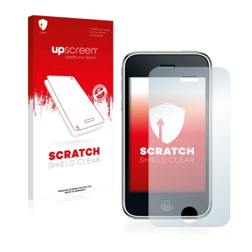 Parte frontal de un envase de producto con el logotipo de la marca upscreen. Al lado se muestra el dispositivo Apple iPhone 3G