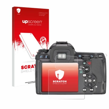 Parte frontal de un envase de producto con el logotipo de la marca upscreen. Al lado se muestra el dispositivo Pentax K7, K-7 