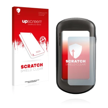 Parte frontal de un envase de producto con el logotipo de la marca upscreen. Al lado se muestra el dispositivo Garmin Oregon 5