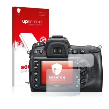 Parte frontal de un envase de producto con el logotipo de la marca upscreen. Al lado se muestra el dispositivo Nikon D300S con