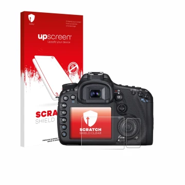 Parte frontal de un envase de producto con el logotipo de la marca upscreen. Al lado se muestra el dispositivo Canon EOS 7D co