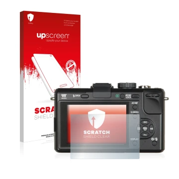 Parte frontal de un envase de producto con el logotipo de la marca upscreen. Al lado se muestra el dispositivo Panasonic Lumix