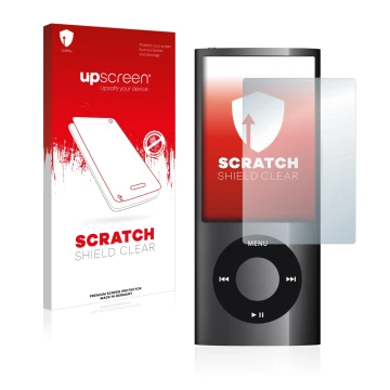 Parte frontal de un envase de producto con el logotipo de la marca upscreen. Al lado se muestra el dispositivo Apple iPod nano