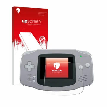 Parte frontal de un envase de producto con el logotipo de la marca upscreen. Al lado se muestra el dispositivo Nintendo Gamebo