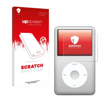 Parte frontal de un envase de producto con el logotipo de la marca upscreen. Al lado se muestra el dispositivo Apple iPod clas
