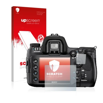 Parte frontal de un envase de producto con el logotipo de la marca upscreen. Al lado se muestra el dispositivo Sony Alpha 850 