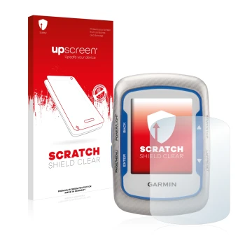 Parte frontal de un envase de producto con el logotipo de la marca upscreen. Al lado se muestra el dispositivo Garmin Edge 500